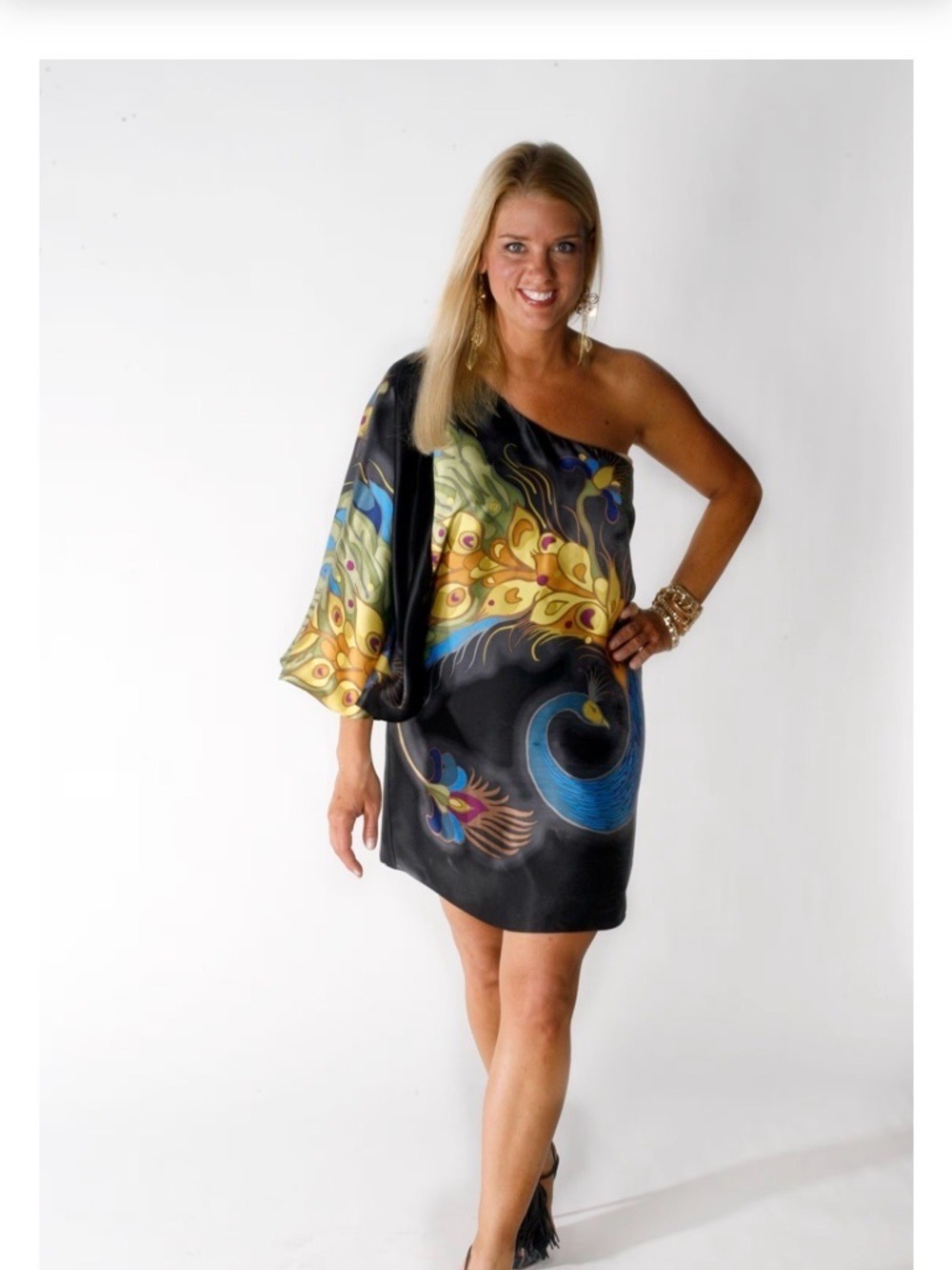 Tibi One-Shoulder Vintage Silk Grecian Kaftan Dress Peacock Statement